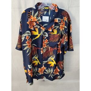 Ocean Blue Men Tropical Floral Bird of Paradise Button Down Shirt Navy Large NWT